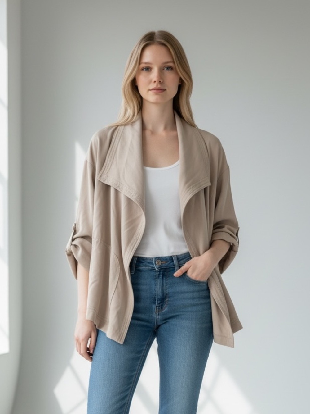 Max Studio Soft Taupe Open-Front Utility Jacket